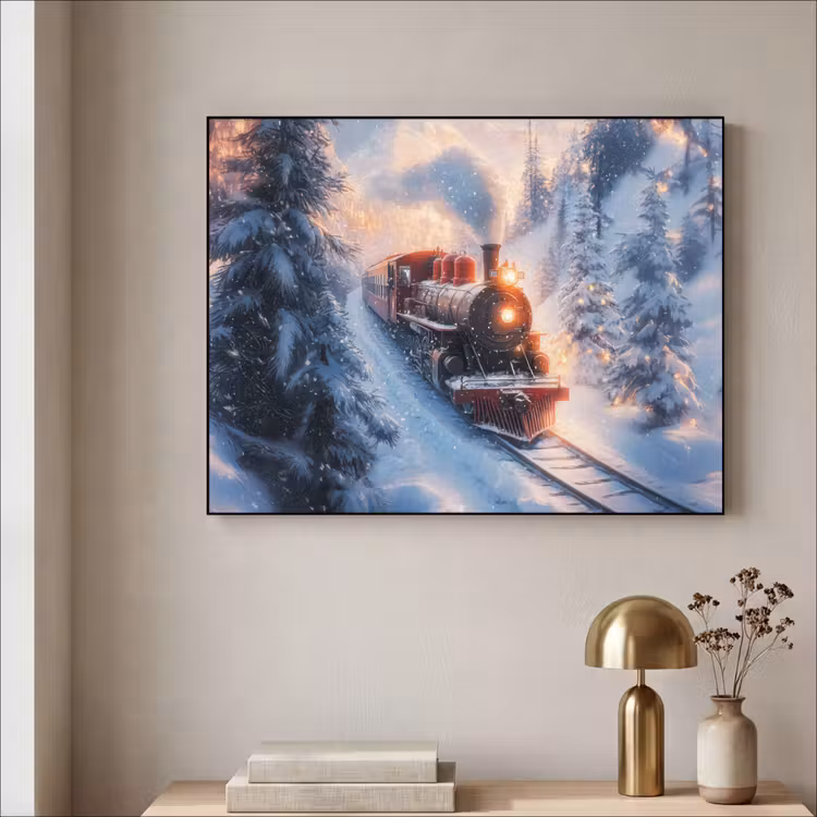 Kersttrein - Sneeuw - Winter - Kerst Textielframe - compleet frame klein -sfeer2
