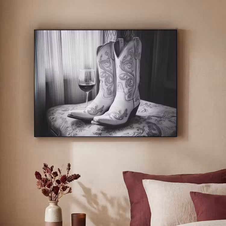 Wijn - Cowboylaarzen - Raamlicht - Wit Textielframe zwart klein -sfeer1