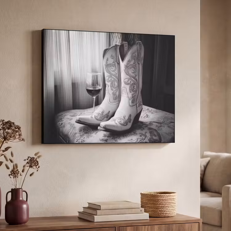 Wijn - Cowboylaarzen - Raamlicht - Wit Textielframe - compleet frame klein -sfeer3