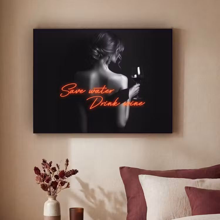 Wijn - Vrouw - Neon - Quote Textielframe zwart klein -sfeer1
