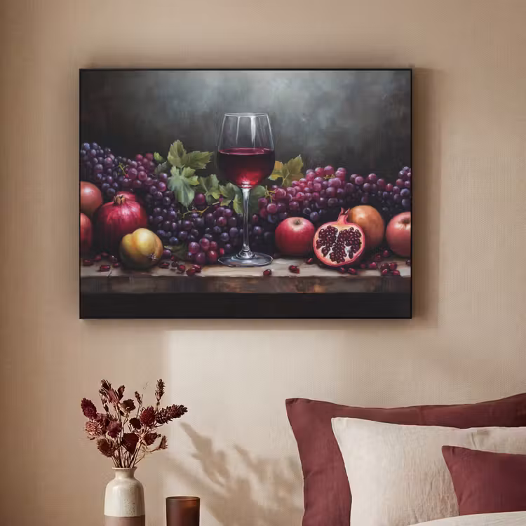 Wijn - Fruit - Stilleven Textielframe zwart klein -sfeer1