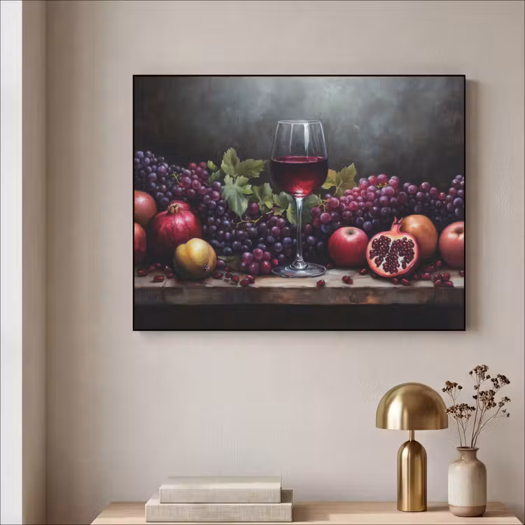 Wijn - Fruit - Stilleven Textielframe zwart klein -sfeer2