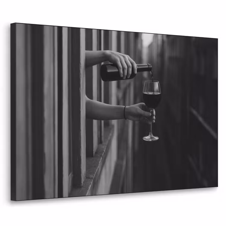Wijnfles - Glas - Handen - Raam Textielframe zwart klein -3d