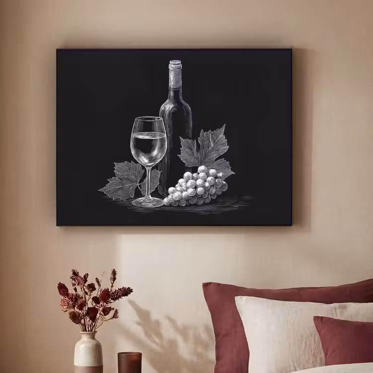 Wijnfles - Glas - Druiven - Bladeren Textielframe - compleet frame klein -sfeer1