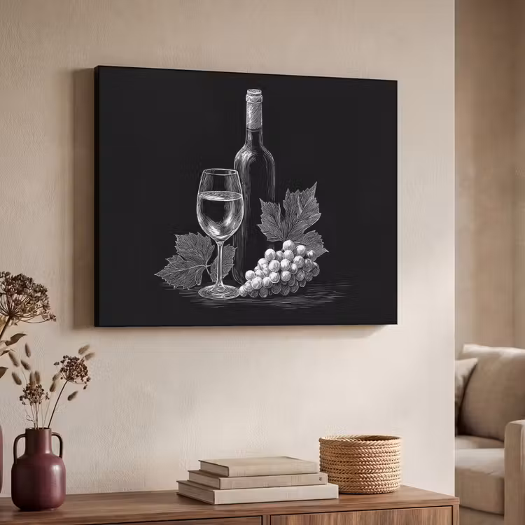 Wijnfles - Glas - Druiven - Bladeren Textielframe zwart klein -sfeer3