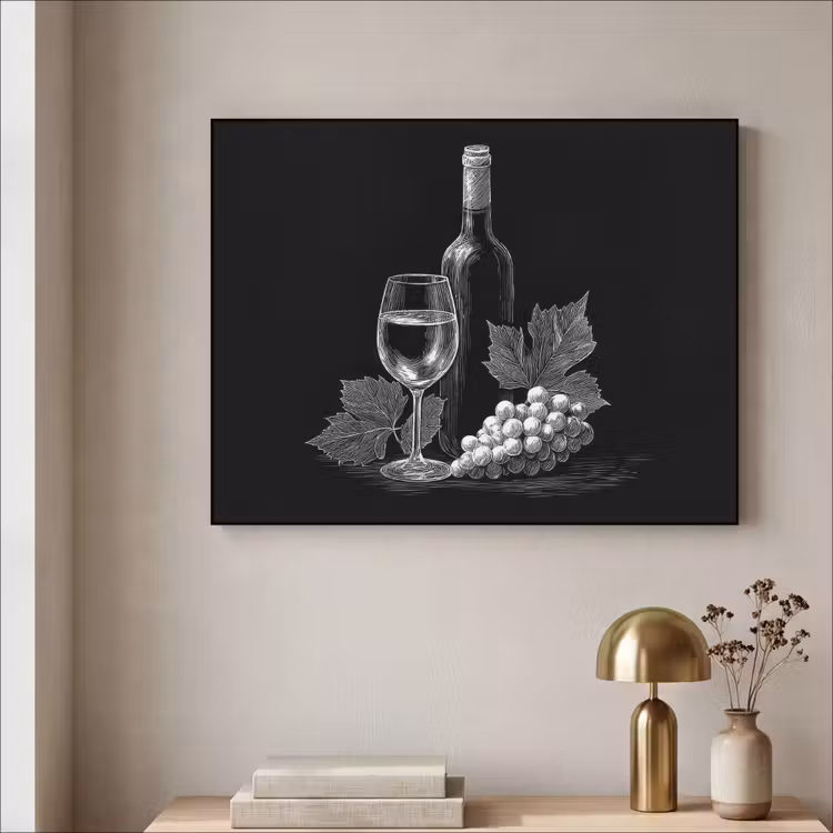 Wijnfles - Glas - Druiven - Bladeren Textielframe - compleet frame klein -sfeer2