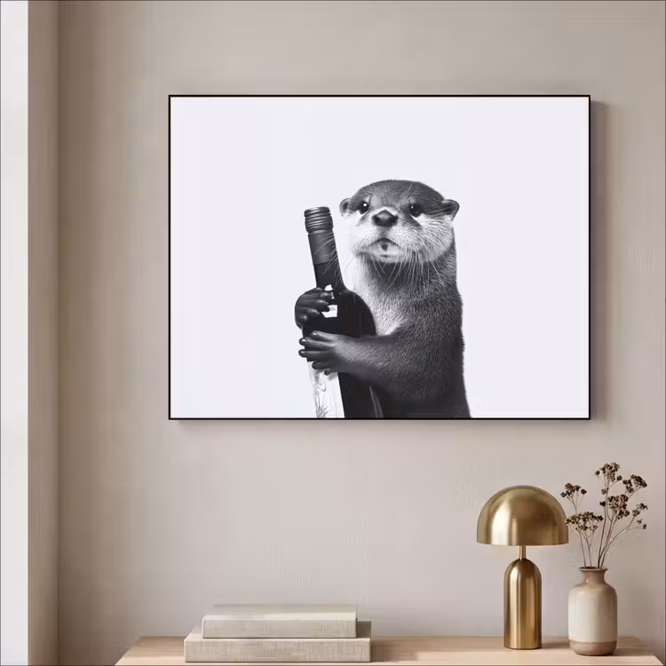 Wijnfles - Otter - Zwart Textielframe - compleet frame klein -sfeer2