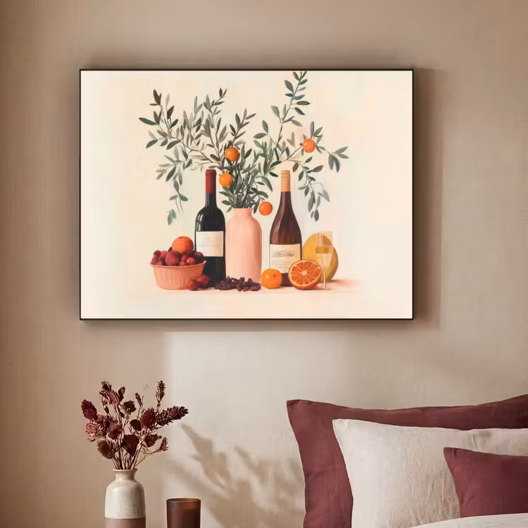 Wijnflessen - Takken - Sinaasappels Textielframe - compleet frame klein -sfeer1