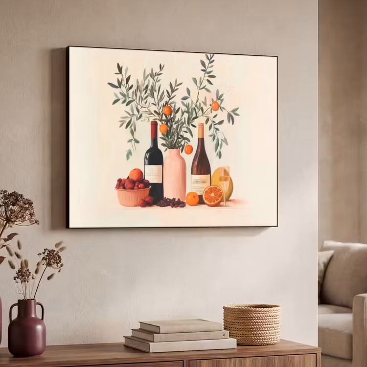 Wijnflessen - Takken - Sinaasappels Textielframe - compleet frame klein -sfeer3