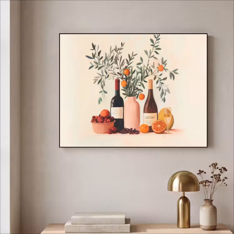 Wijnflessen - Takken - Sinaasappels Textielframe - compleet frame klein -sfeer2