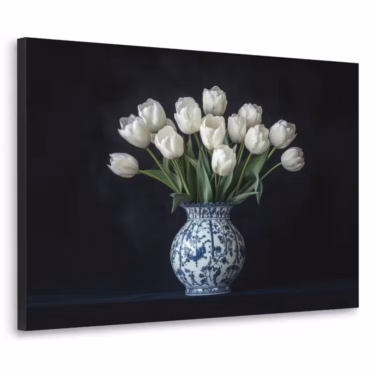 Wit - Bloemen - Tulpen - Vaas Textielframe zwart klein -3d
