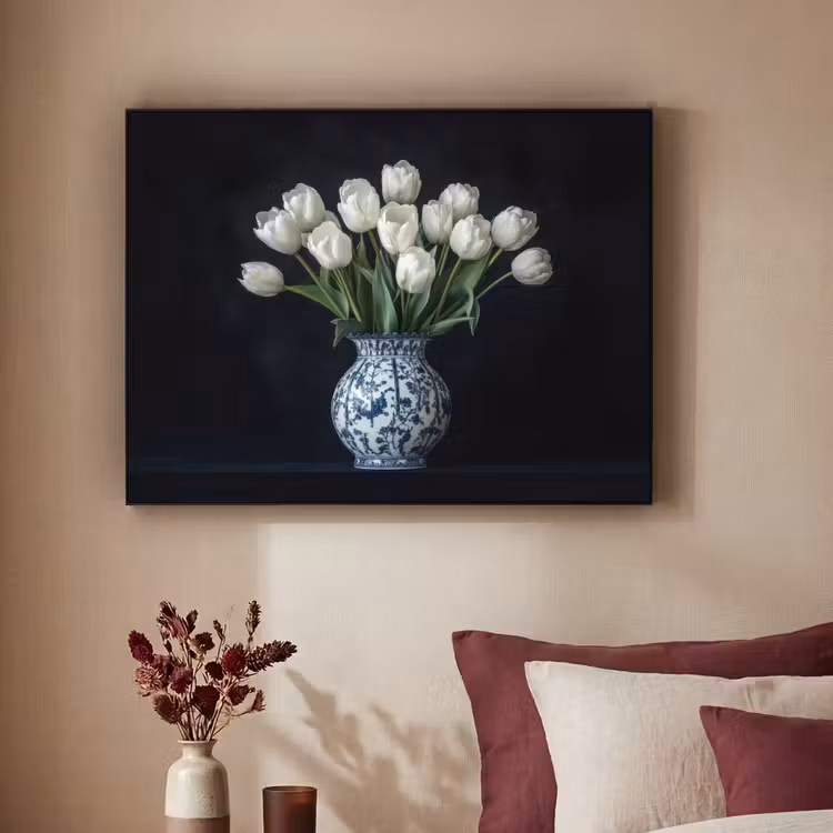 Wit - Bloemen - Tulpen - Vaas Textielframe - compleet frame klein -sfeer1