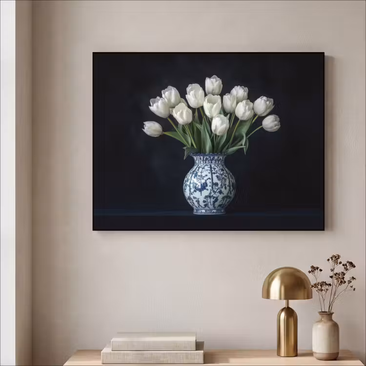 Wit - Bloemen - Tulpen - Vaas Textielframe zwart klein -sfeer2