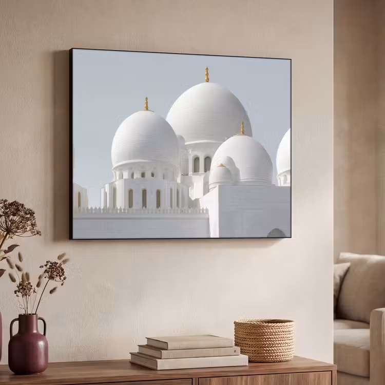 Witte koepels - Helderblauwe lucht - Islamitisch Textielframe - compleet frame klein -sfeer3