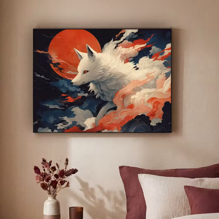 Witte vos - wolken - maan Textielframe - compleet frame klein -sfeer1