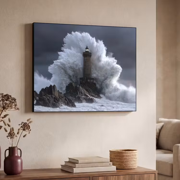 Golf - Vuurtoren - Schuimend water Textielframe zwart klein -sfeer3