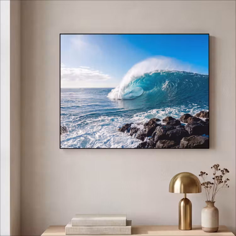 Golf - Oceaan - Brekend - Water - Blauw Textielframe zwart klein -sfeer2