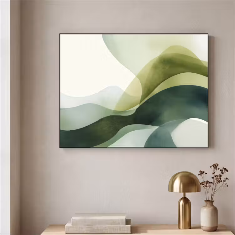 Golven - Abstract - Lichtgroen - Sierlijk Textielframe zwart klein -sfeer2