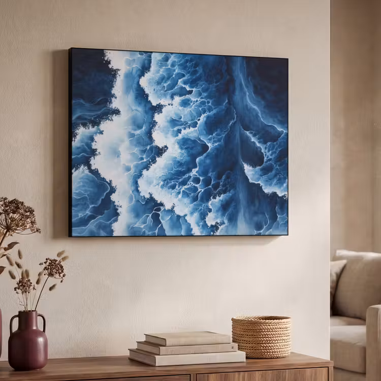 Golven - Blauw - Schuim Textielframe zwart klein -sfeer3