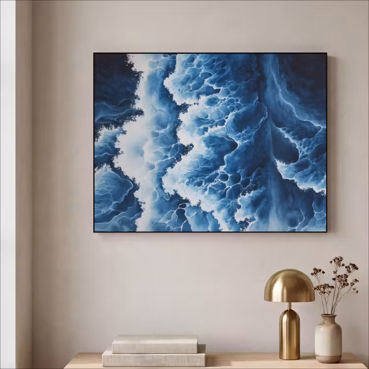 Golven - Blauw - Schuim Textielframe zwart klein -sfeer2