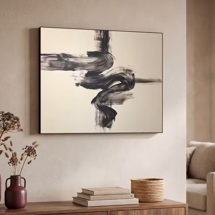 Golven - Penseelstreken - Beige - Minimalistisch Textielframe - compleet frame klein -sfeer3