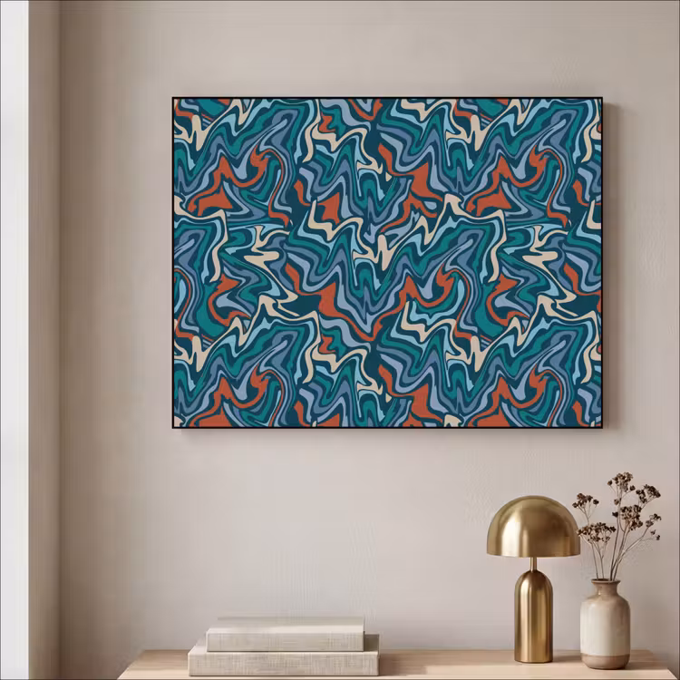 Golven - Retro - Blauw - Patroon Textielframe zwart klein 947 -sfeer2