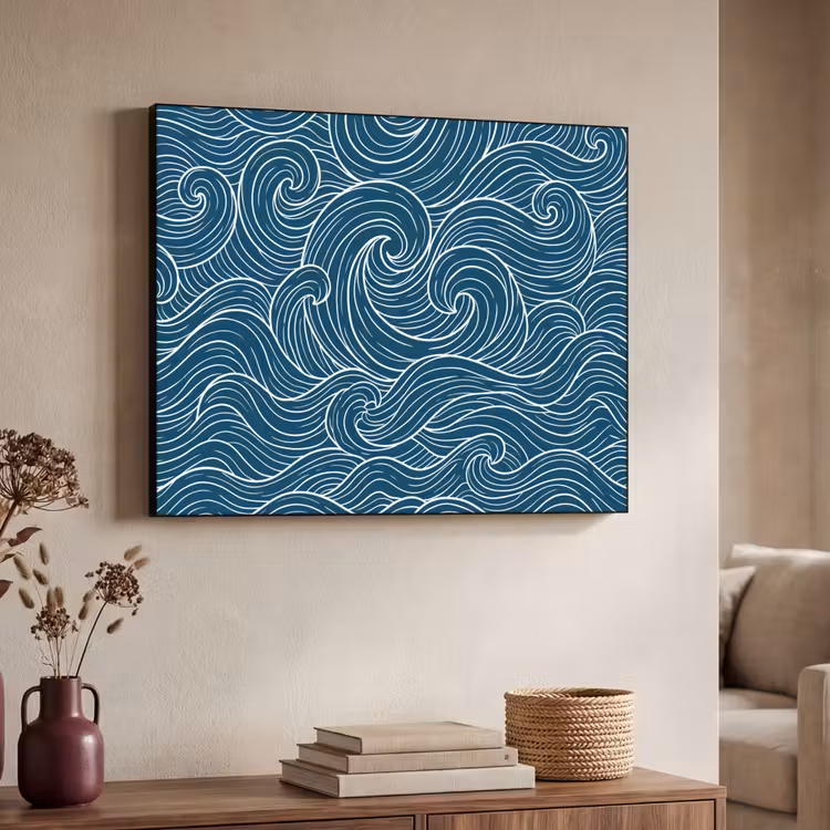 Golven - Spiraal - Water - Abstract - Blauw Textielframe zwart klein -sfeer3