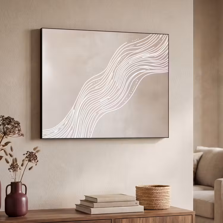 Golvende lijnen - Vloeiend - Zandkleurig Textielframe zwart klein -sfeer3