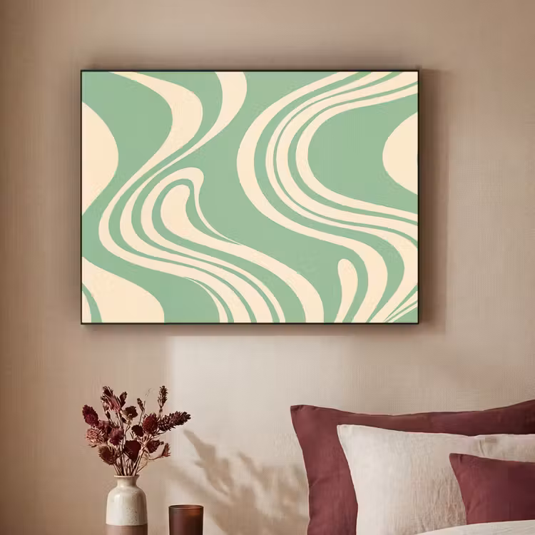 Golvende lijnen - Mintgroen - Dansende vormen Textielframe - compleet frame klein -sfeer1