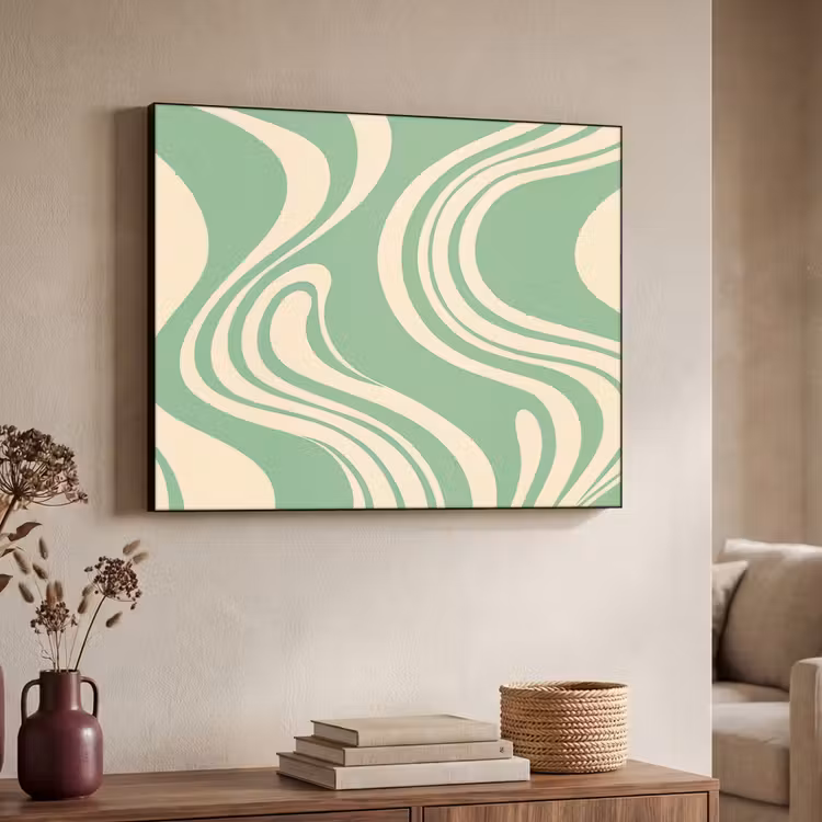Golvende lijnen - Mintgroen - Dansende vormen Textielframe - compleet frame klein -sfeer3