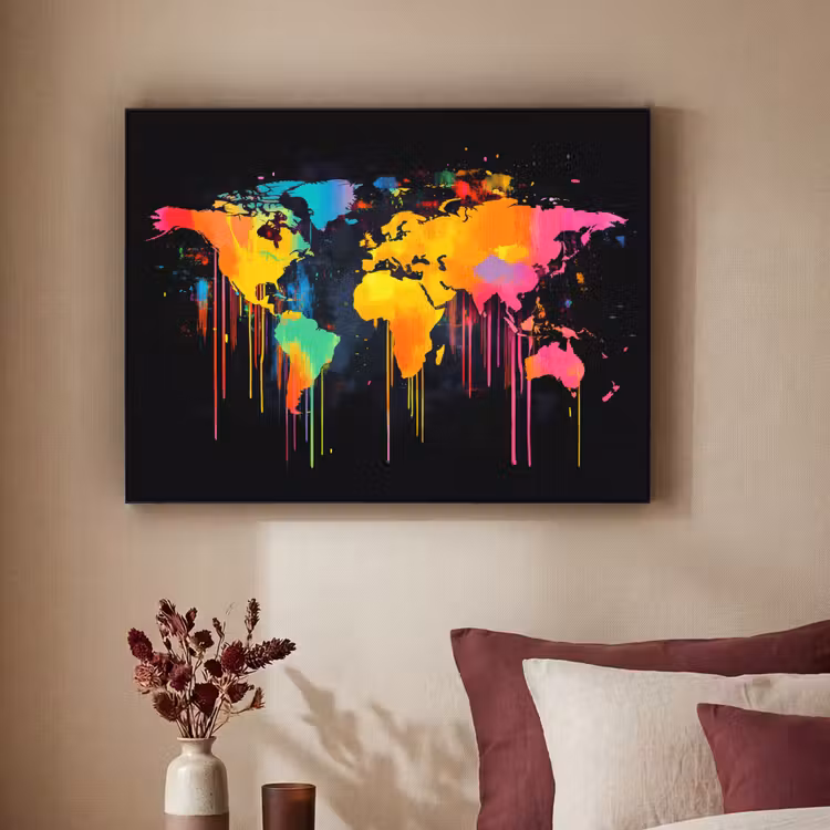 Wereldkaart - Verf - Kleurrijk - Graffiti - Wereld Textielframe zwart klein -sfeer1