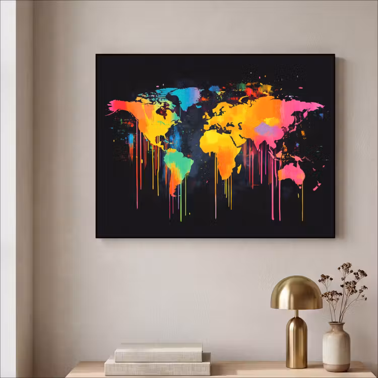 Wereldkaart - Verf - Kleurrijk - Graffiti - Wereld Textielframe - compleet frame klein -sfeer2