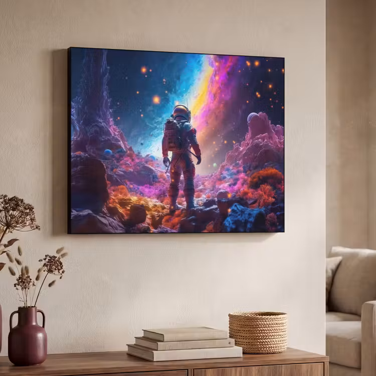 Ruimte - Astronaut - Neon - Sterren Textielframe zwart klein -sfeer3