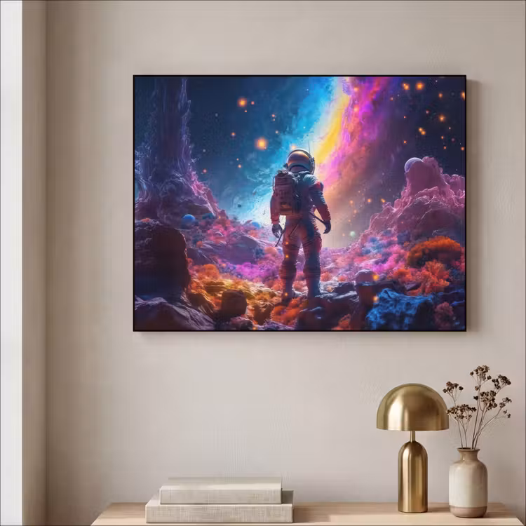 Ruimte - Astronaut - Neon - Sterren Textielframe zwart klein -sfeer2