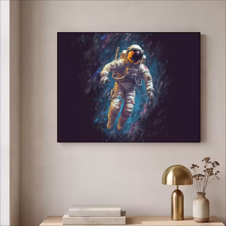 Ruimte - Neon - Astronaut - Sterren Textielframe zwart klein -sfeer2