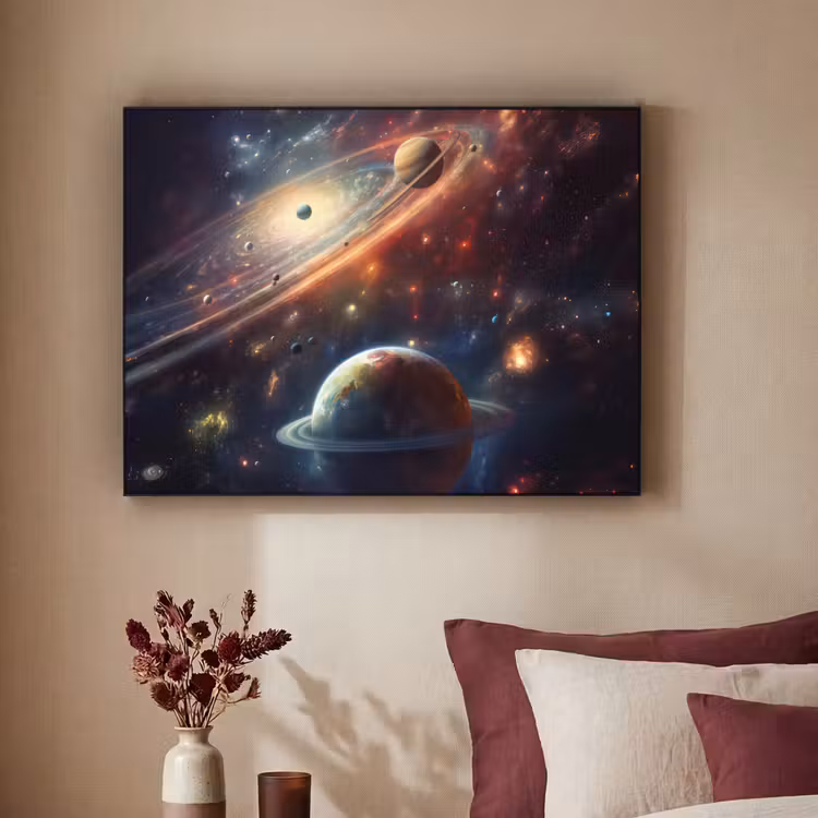 Ruimte - Planeten - Neon - Sterren Textielframe zwart klein -sfeer1