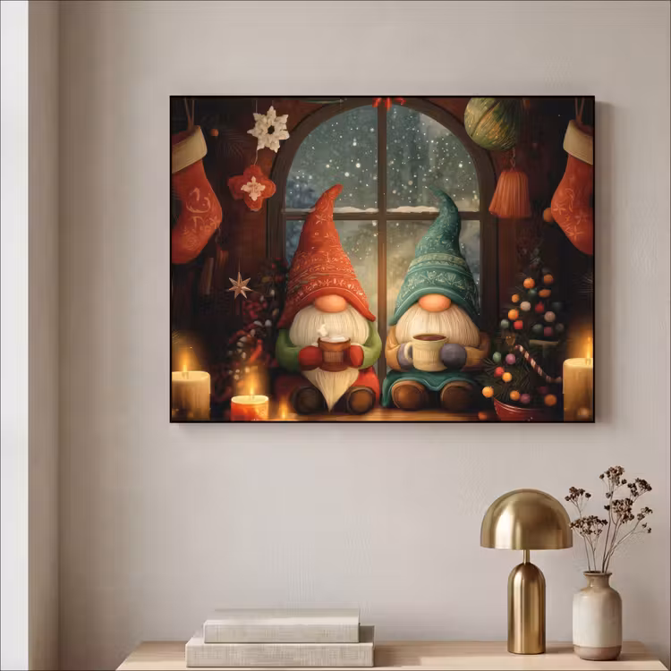Gnooms - Kerst - Raam - Kleurrijk Textielframe - compleet frame klein -sfeer2