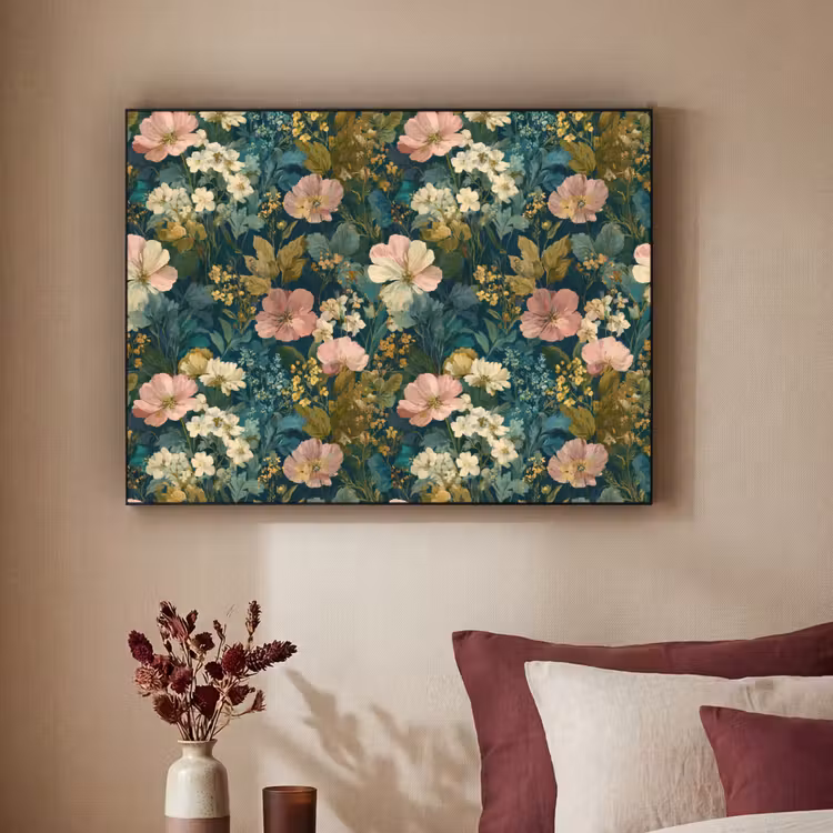 Wilde bloemen - Botanisch - Patroon - Roze - Romantisch Textielframe zwart klein 947 -sfeer1