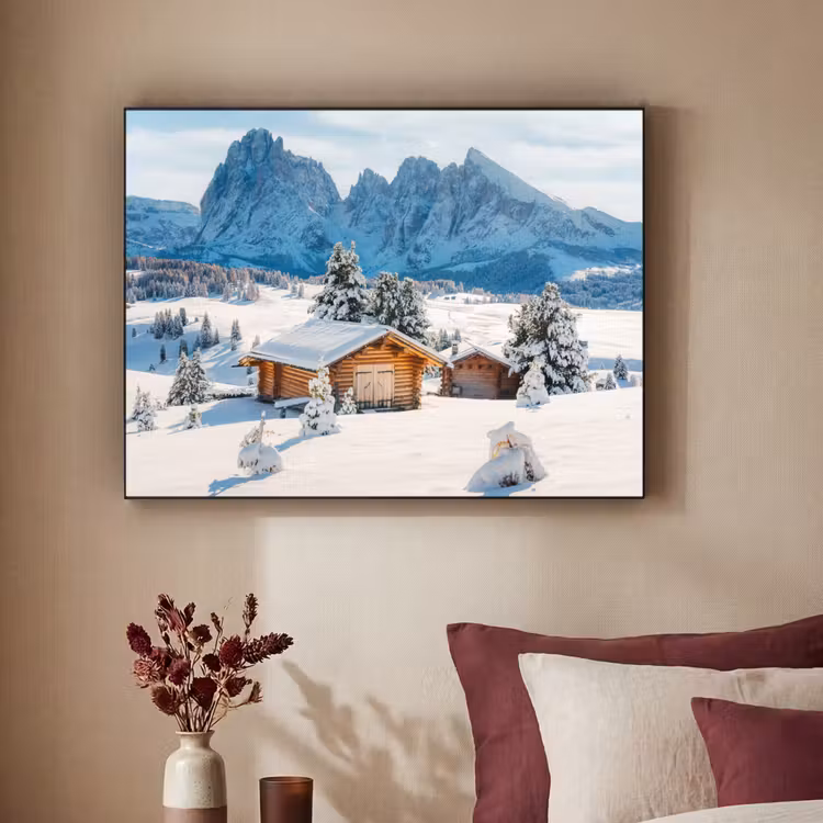 Winter - Huisje - Bergen - Uitzicht - Sneeuw Textielframe zwart klein -sfeer1