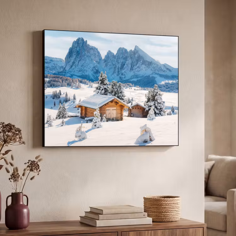 Winter - Huisje - Bergen - Uitzicht - Sneeuw Textielframe zwart klein -sfeer3