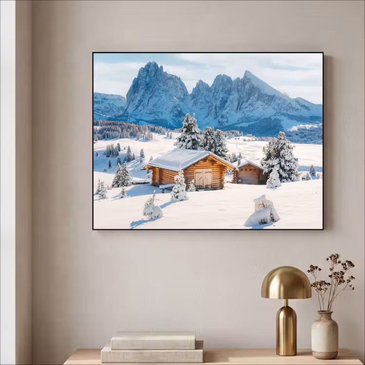 Winter - Huisje - Bergen - Uitzicht - Sneeuw Textielframe zwart klein -sfeer2