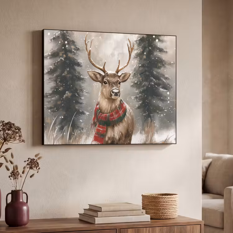 Winter - Bos - Rendier - Donker Textielframe zwart klein -sfeer3