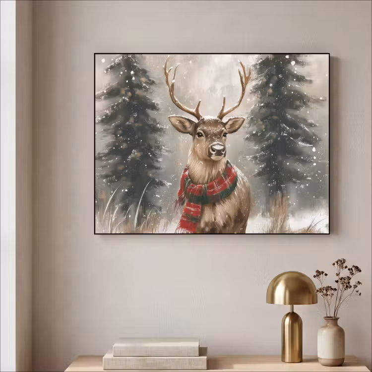 Winter - Bos - Rendier - Donker Textielframe zwart klein -sfeer2