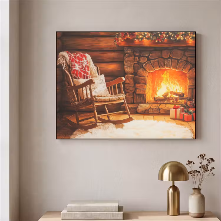 Winter - Kerst - Huis - Openhaard Textielframe zwart klein -sfeer2