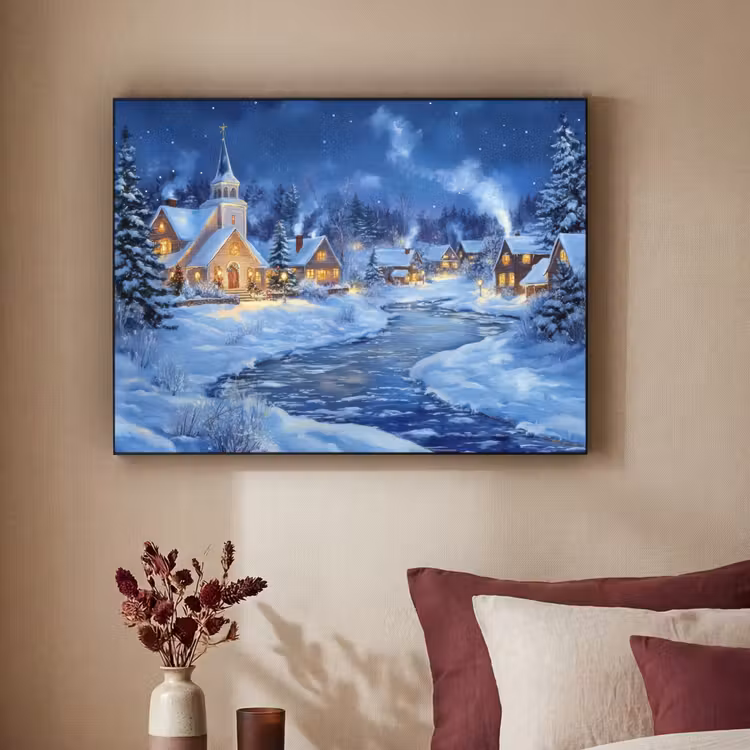 Winteravond - Kerstdorp - Donker Textielframe zwart klein -sfeer1