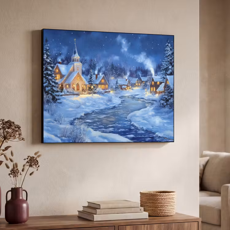Winteravond - Kerstdorp - Donker Textielframe - compleet frame klein -sfeer3