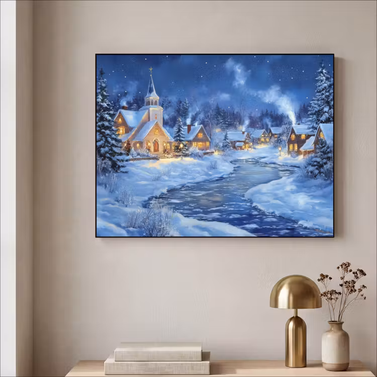 Winteravond - Kerstdorp - Donker Textielframe zwart klein -sfeer2