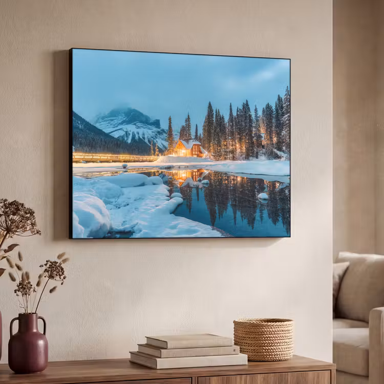 Winterlandschap - Natuur - Huis - Bergen - Sneeuw Textielframe - compleet frame klein -sfeer3