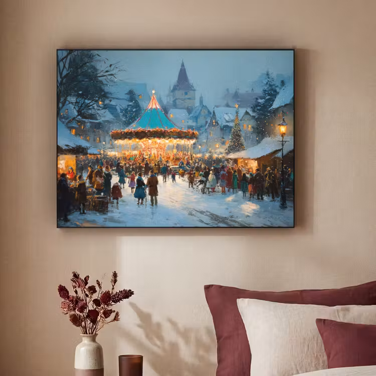 Winterkermis - Dorp - Kleurrijk Textielframe - compleet frame klein -sfeer1