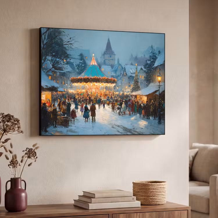 Winterkermis - Dorp - Kleurrijk Textielframe - compleet frame klein -sfeer3